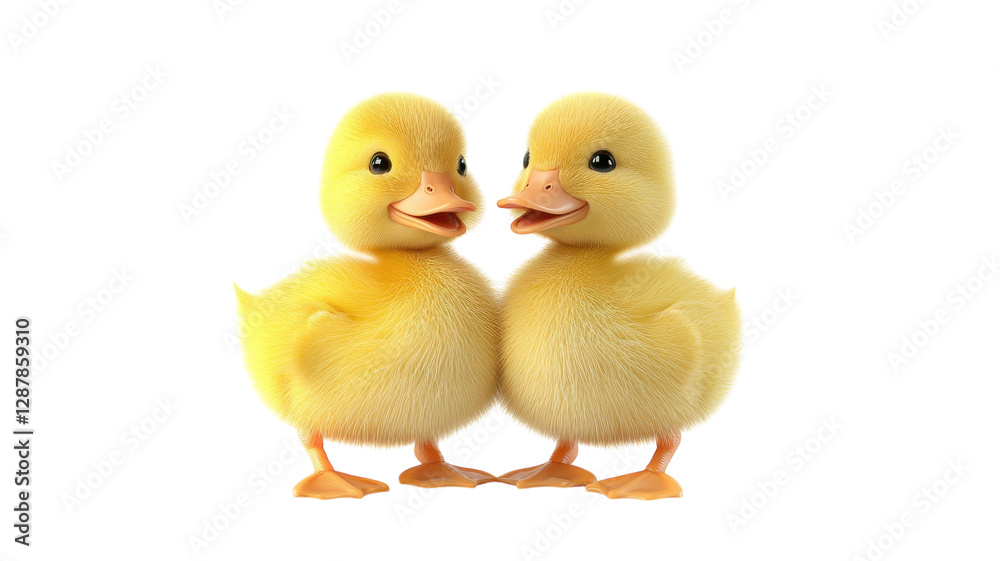 Two adorable fluffy ducklings standing together in a cheerful setting, showcasing their vibrant yellow feathers and playful demeanor Two adorable fluffy ducklings standing together in a cheerful setting, showcasing their vibrant yellow feathers and playful demeanor