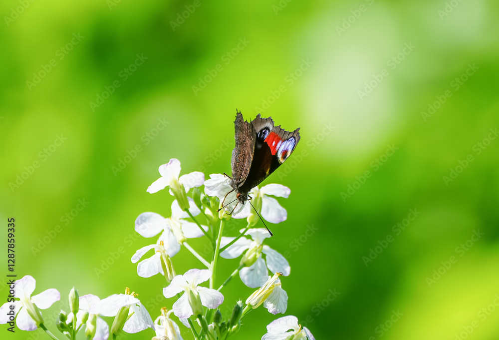 Fototapeta premium Portrait of the peacock butterfly. Insect close-up in nature. Aglais io. European peacock.
