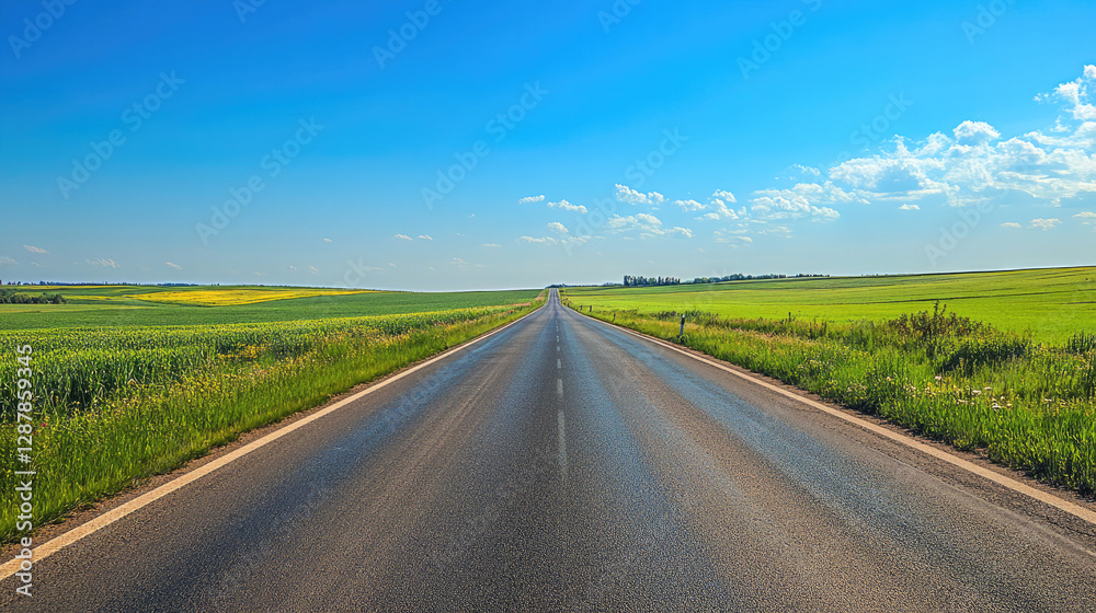 Wide road into distance, flanked by green fields and blue sky. High-definition, horizontal composition. Serene beauty. Wide road into distance, flanked by green fields and blue sky. High-definition, horizontal composition. Serene beauty.