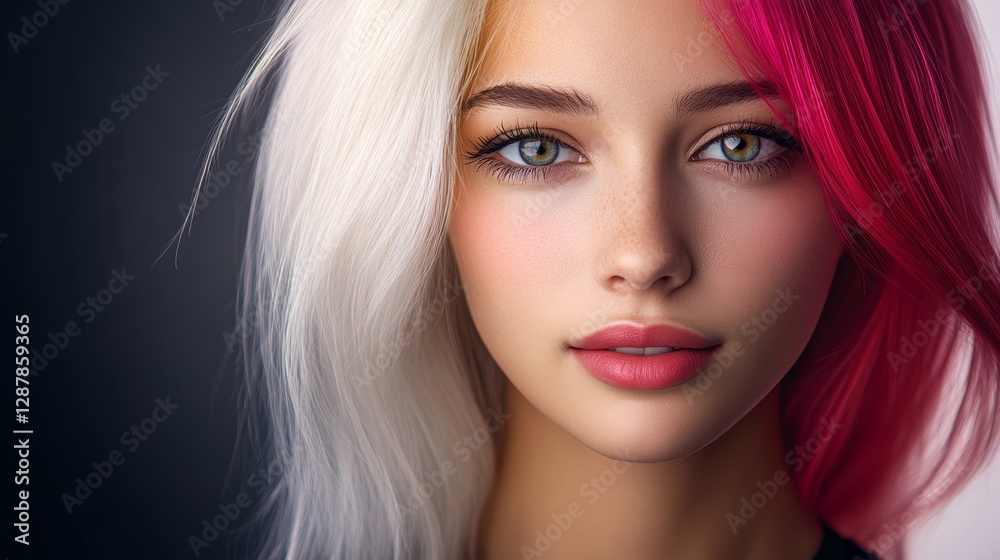 Woman with red and white hair and a pink and white face. She has a pink lip and a green eye Woman with red and white hair and a pink and white face. She has a pink lip and a green eye
