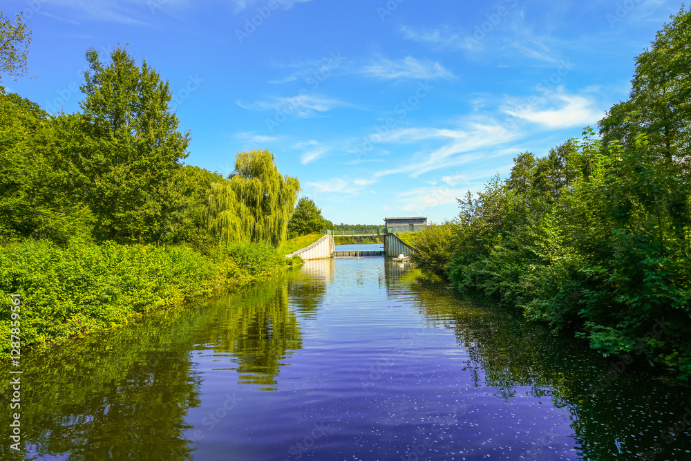 View of nature at the Hullern dam. Landscape at Hullerner See near Haltern am See.
View of nature at the Hullern dam. Landscape at Hullerner See near Haltern am See.