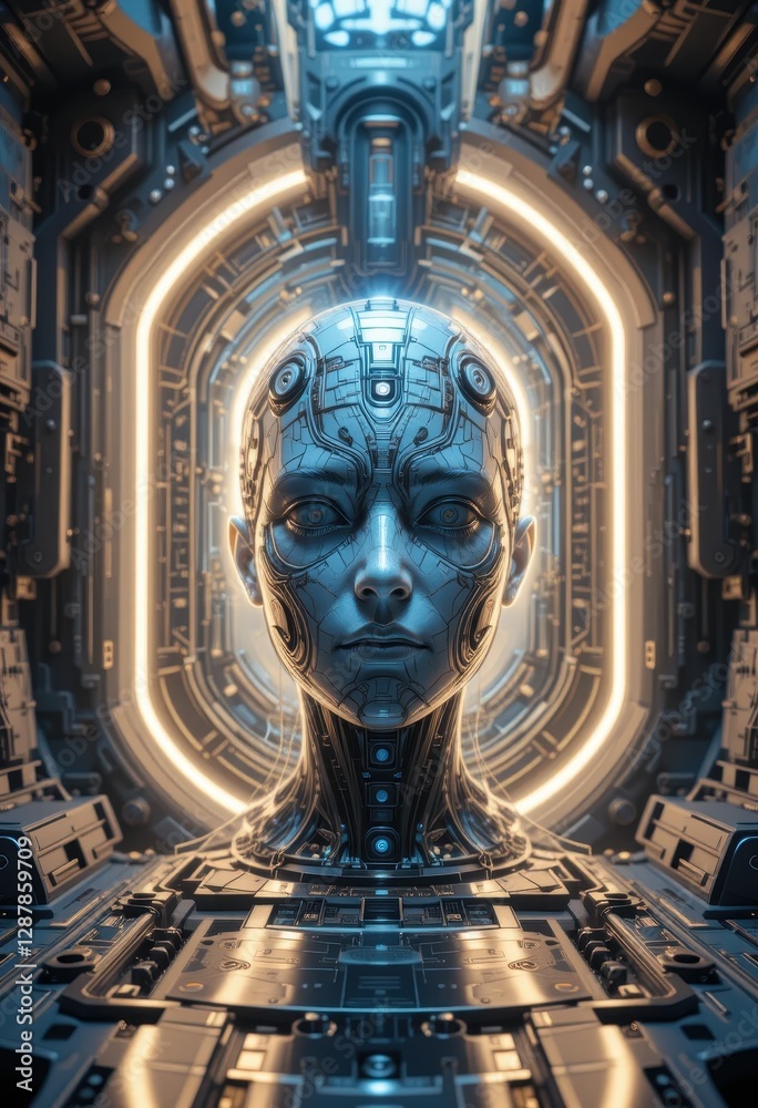 Obraz premium Futuristic Female Cyborg Head in a Technological Spacecraft Cockpit A digital art rendering of a female android