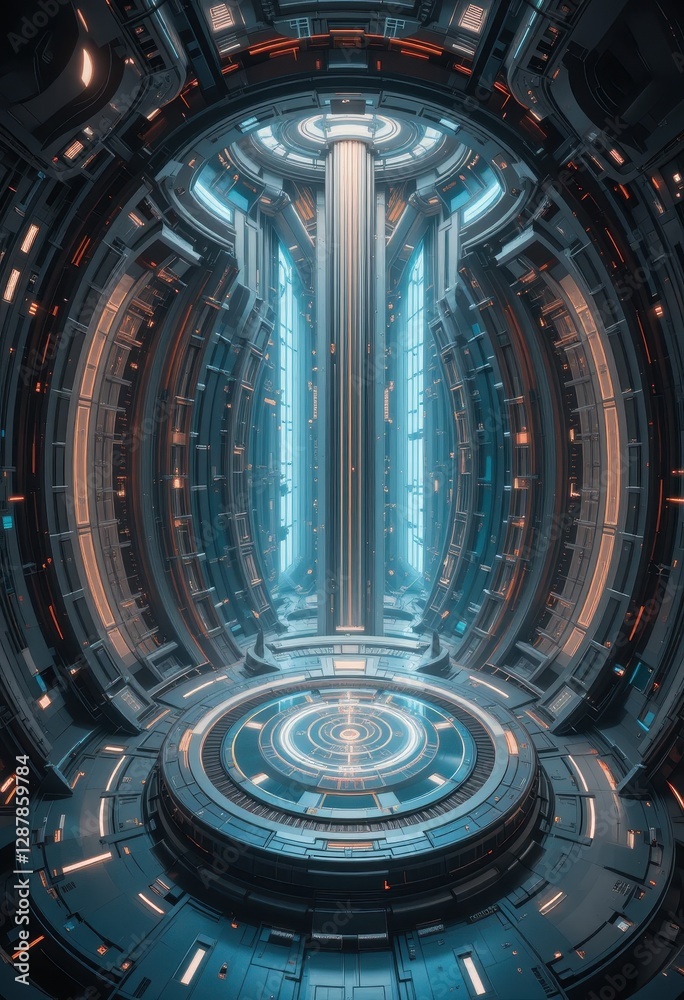 Fototapeta premium Futuristic Sci Fi Spaceship Interior Design Circular Control Room with Glowing Panels and Central Console