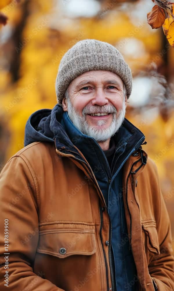 A man wearing a brown jacket and a hat is smiling A man wearing a brown jacket and a hat is smiling