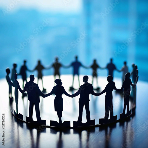 Silhouettes of people standing, business concept, blurred blue background, teamwork and unity,colleague, colours, connection, cooperation, crowd, cyber, finance