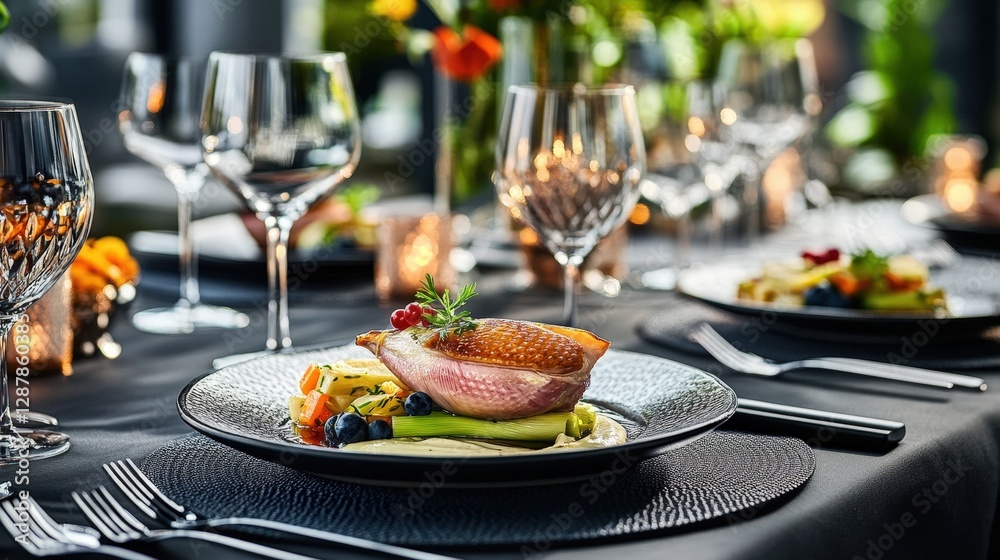 Elegant Dining Table Setup with Gourmet Meal and Glassware Elegant Dining Table Setup with Gourmet Meal and Glassware