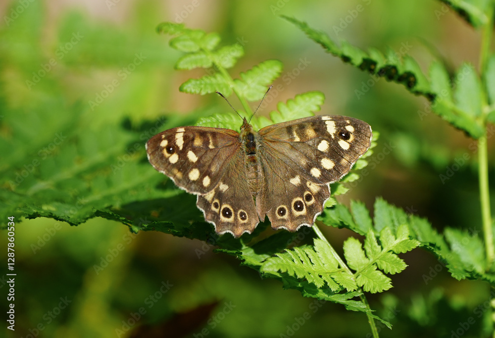 Obraz premium Speckled wood in nature. Close-up of brown butterfly. Insect in natural environment. Pararge aegeria. 