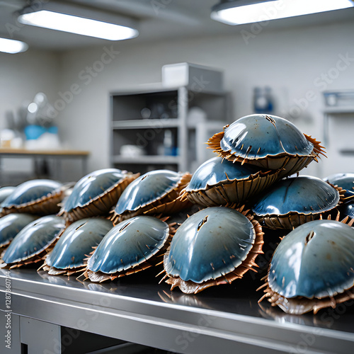 Horseshoe crabs stacked in a biomedical lab, their blue blood drained for research while their empty shells pile up on a sterile steel table