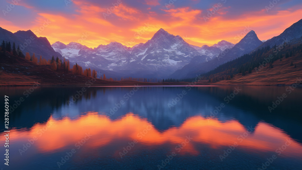 Breathtaking landscape of mountains and a lake at sunrise, with vibrant colors Breathtaking landscape of mountains and a lake at sunrise, with vibrant colors