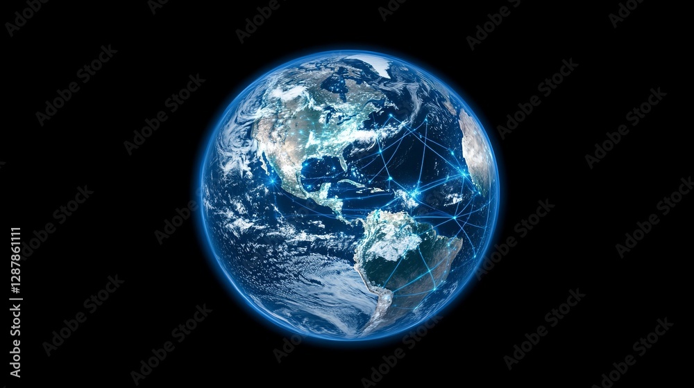 A photograph of the Earth with glowing blue lines connecting various points across its surface A photograph of the Earth with glowing blue lines connecting various points across its surface