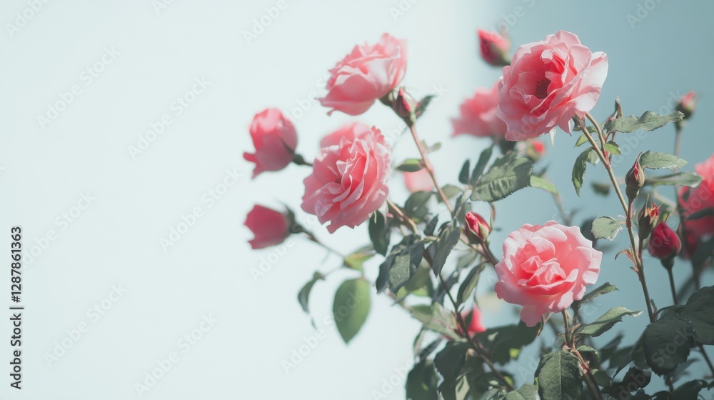 Delicate pink roses bloom gracefully against a soft blue background, showcasing their beauty and elegance in a serene composition. Delicate pink roses bloom gracefully against a soft blue background, showcasing their beauty and elegance in a serene composition.