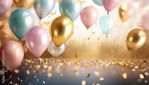 Colorful balloons in pastel shades float amidst sparkling golden confetti, creating a cheerful atmosphere for a special celebration