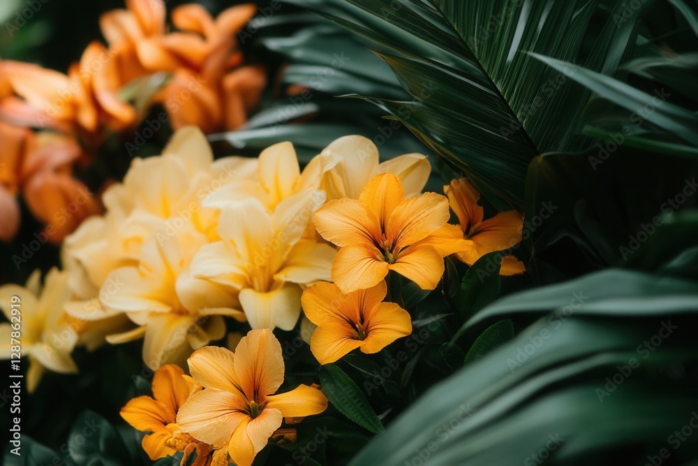 Fototapeta premium Close Up View Of Vibrant Orange And Yellow Flowers Keywords flowers, orange flowers, yellow