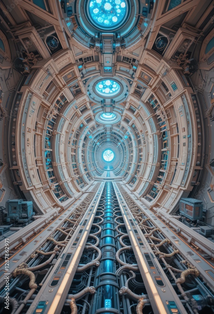 Obraz premium Futuristic Spaceship Corridor Design Circular Architecture with Blue Lighting and Complex Piping Systems