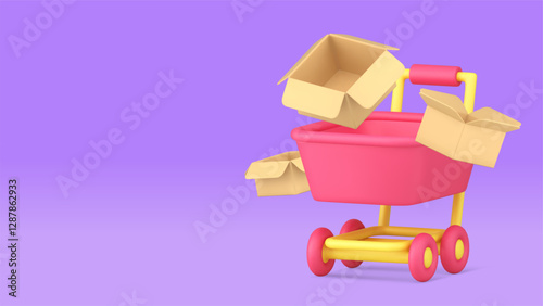 Shopping purchase buying goods trolley and cardboard box banner copy space vector illustration. Supermarket cart with parcel package retail commercial market shop store online order delivery