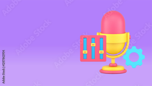Microphone voice sound broadcasting settings banner copy space vector illustration. Retro mic music noise performance podcast radio streaming device studio shot technology management control