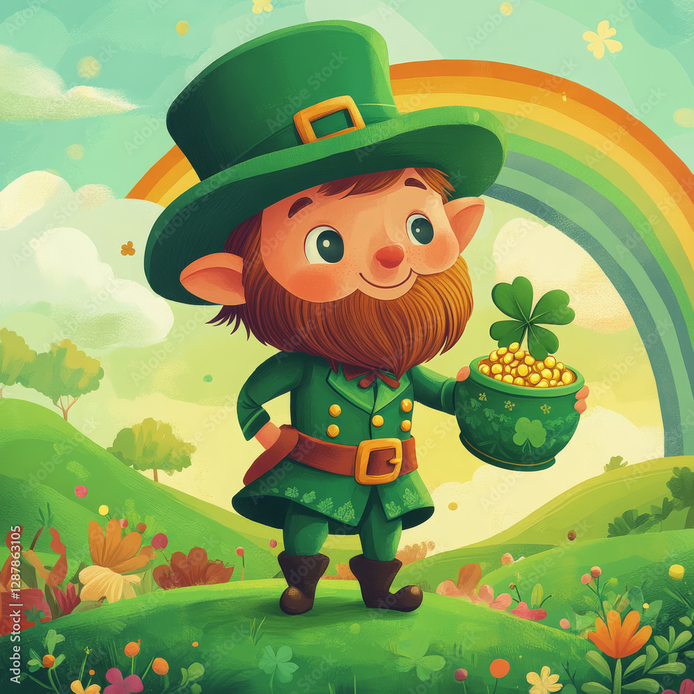 Fototapeta premium Cheerful Leprechaun Holding a Pot of Gold Under a Rainbow