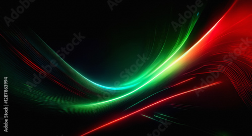 Abstract image displays flowing green and red light streaks creating a dynamic and vibrant design against a deep black backdrop.