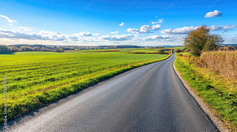 Wide road into distance, flanked by green fields and blue sky. High-definition, horizontal composition. Serene beauty. Wide road into distance, flanked by green fields and blue sky. High-definition, horizontal composition. Serene beauty.