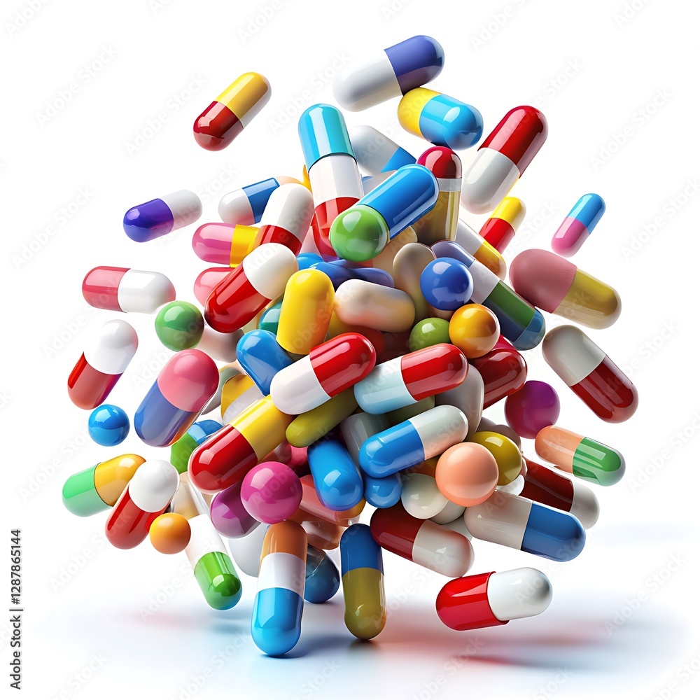 Bunch of colorful pills are scattered on a white background Bunch of colorful pills are scattered on a white background