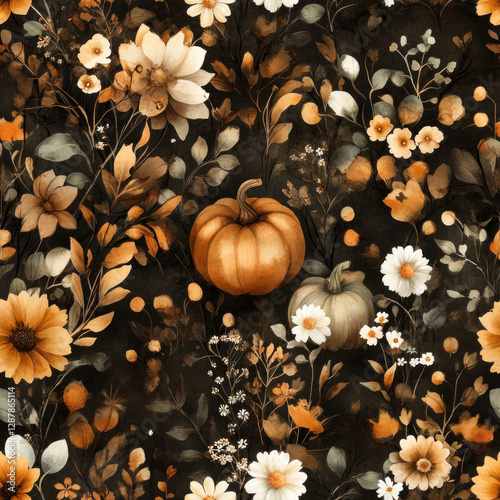 Pumpkins nestled among floral foliage in a darkly illuminated autumn background pattern design