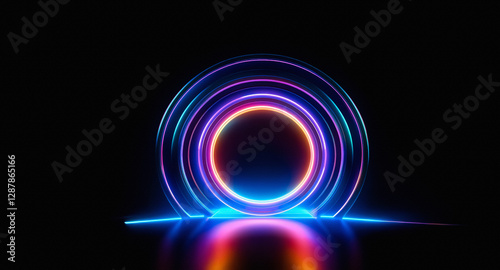 Illuminated semicircular rings glow with vibrant blue, purple, and orange on a dark background. Neon light reflects, creating a modern abstract design.