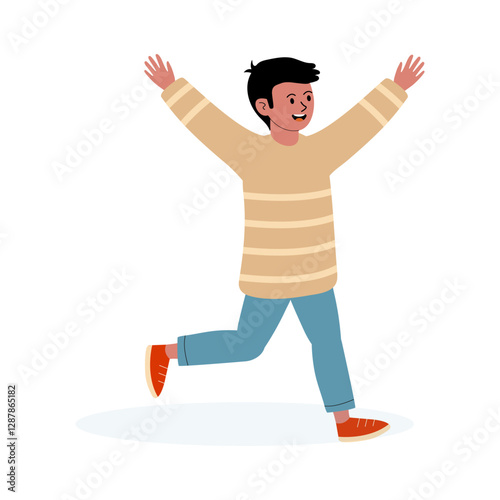 Young boy joyfully running with arms raised in expressive celebration