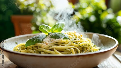 Steaming pesto linguine glistening with parmesan, fresh basil leaves scattered atop, showcasing vibrant Italian pasta dish against  background