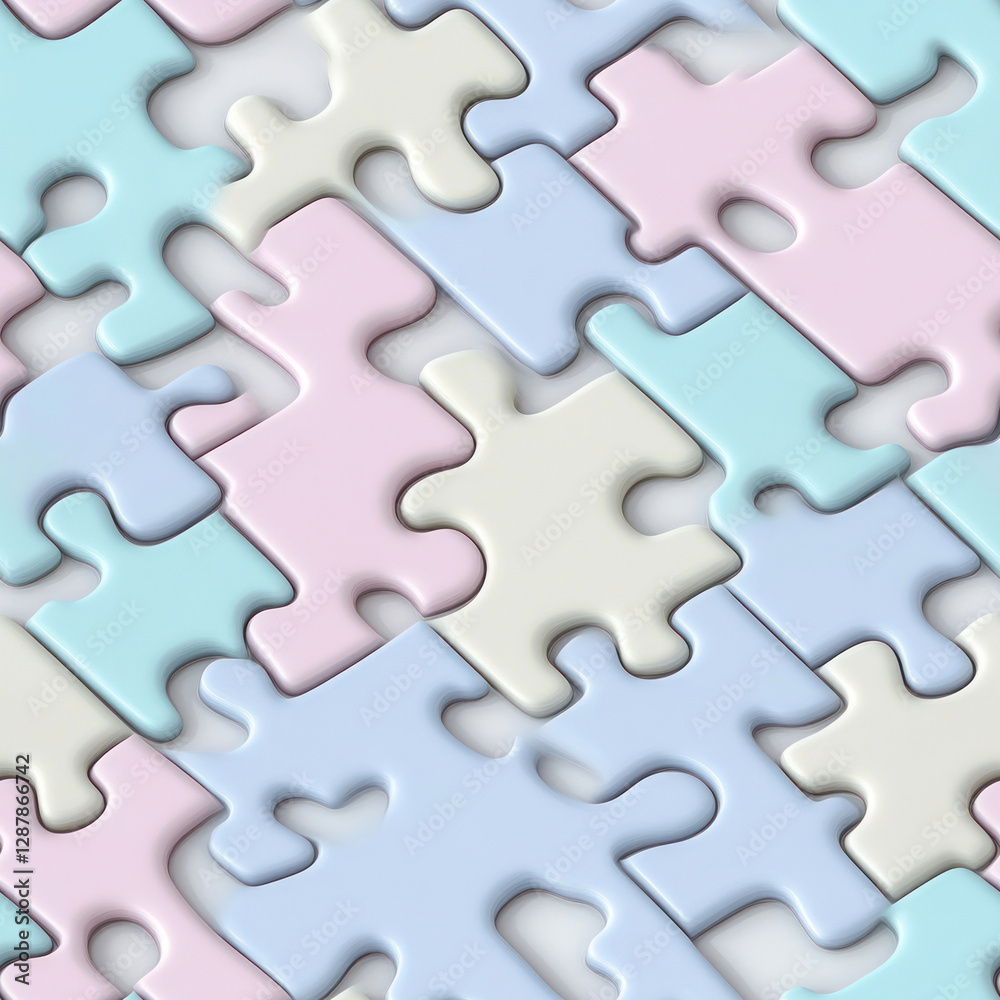 Puzzle pieces interconnected, pale colors, laid out flat against a white background Puzzle pieces interconnected, pale colors, laid out flat against a white background