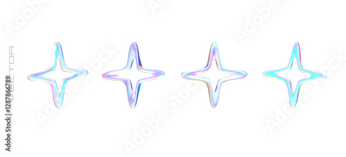 Holographic abstract chrome stars. Set vector 3D shapes	
