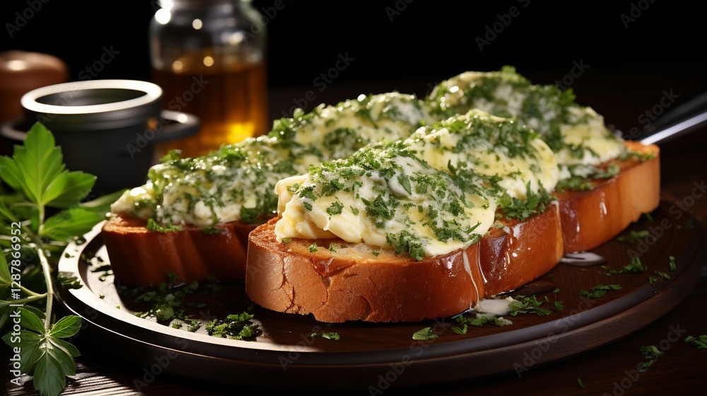 Sliced Bread Topped with Garlic Butter and Fresh Herbs on Wooden Board