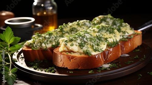 Obraz na płótnie Sliced Bread Topped with Garlic Butter and Fresh Herbs on Wooden Board w salonie