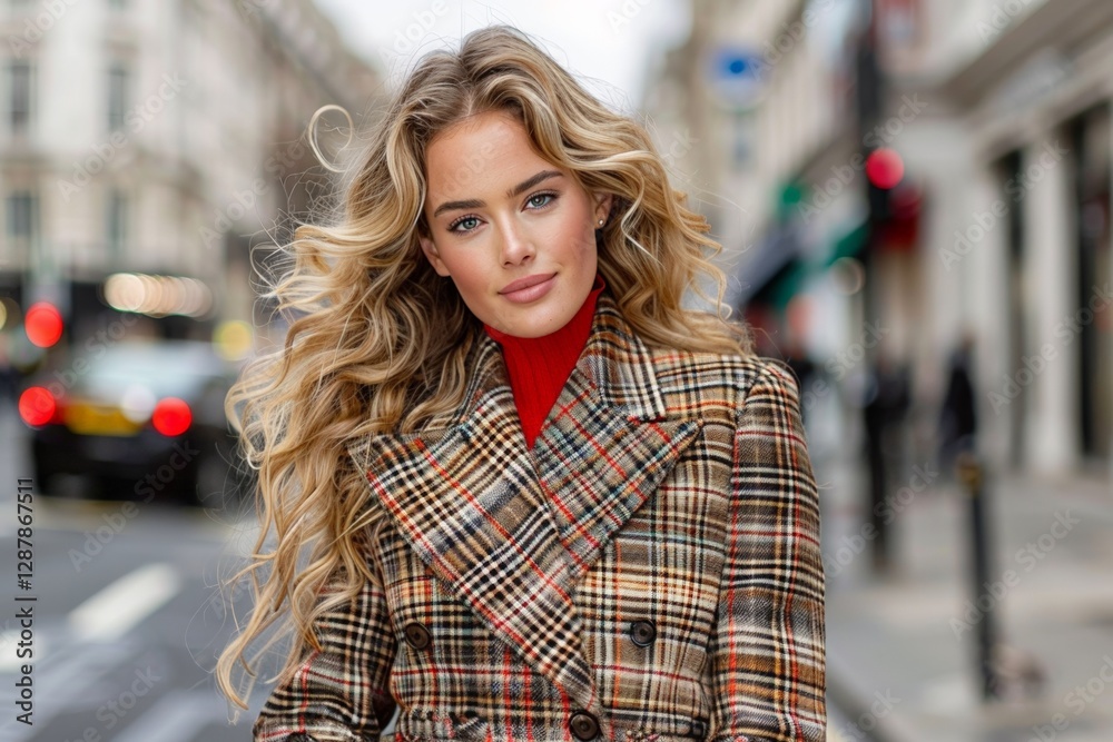 Fototapeta premium Stylish young caucasian female with curly hair in plaid coat on city street
