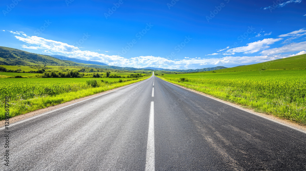 Fototapeta premium Wide road into distance, flanked by green fields and blue sky. High-definition, horizontal composition. Serene beauty.