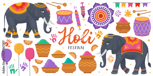 Collection of colorful illustrations for Holi festival. Indian traditional festival of colors, holiday. Elephants, heaps of Holi pigments in clay bowls, balloons, drums, paint stains.