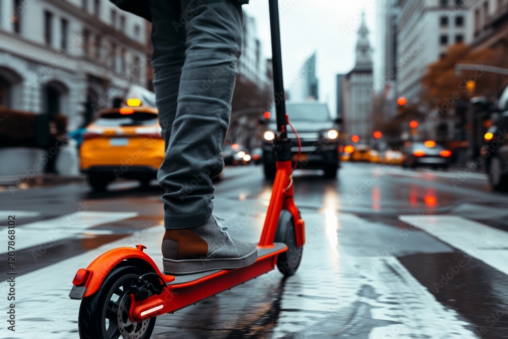 Obraz premium Urban commuting: riding a red electric scooter in busy city street