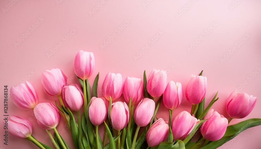 Obraz premium beautiful composition spring flowers bouquet of pink tulips flowers on pastel pink background valentine s day easter birthday happy women s day mother s day flat lay top view copy space