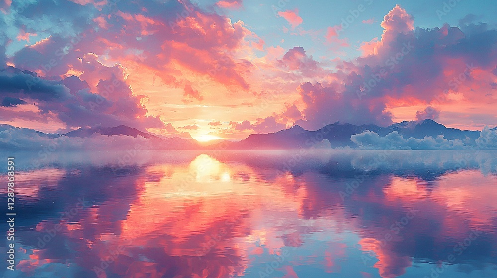 Sunset over a lake with mountains in the background and reflections in the calm water Sunset over a lake with mountains in the background and reflections in the calm water