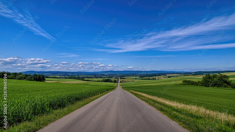 Wide road into distance, flanked by green fields and blue sky. High-definition, horizontal composition. Serene beauty.