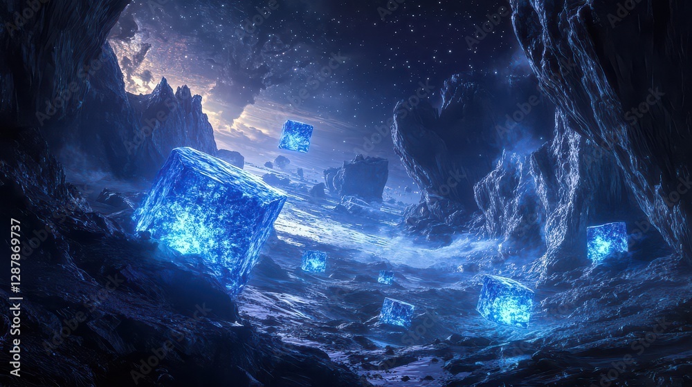 Fototapeta premium A futuristic 3D space with glowing neon cubes floating in an abstract digital landscape, with stars in the distance and a sense of depth and movement.