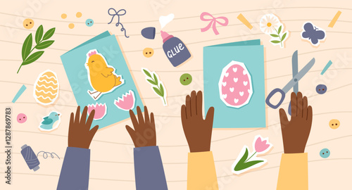 Making a handmade Easter greeting cards. Easter banner. Concept of eco-friendly Easter, sustainability, family. Vector hand drawn background with people hands making greeting cards.