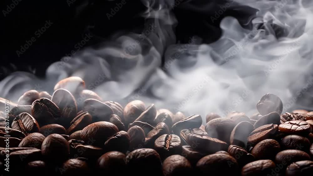 Aromatic dark roasted coffee beans, amidst the billowing white smoke, accentuate the intense aroma and invite you to sip a cup of aromatic coffee