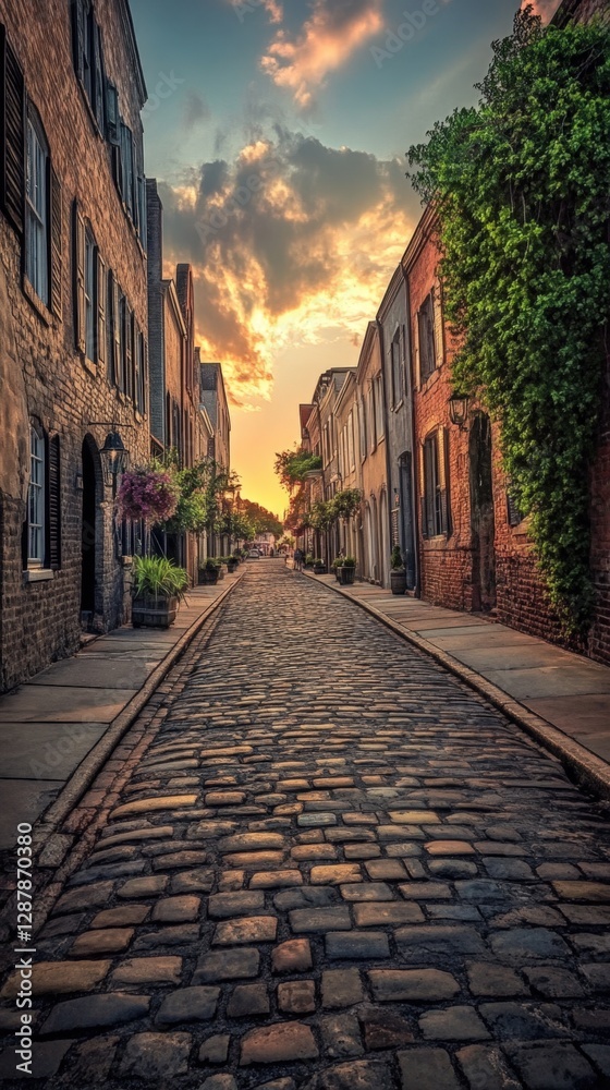 Obraz premium Cobblestone street at sunset with historic buildings