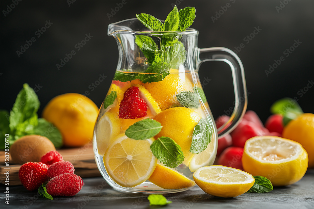 Fresh lemonade drink in a glass with lemon slices and mint leaves on the table with whole lemons and plants in the background Fresh lemonade drink in a glass with lemon slices and mint leaves on the table with whole lemons and plants in the background