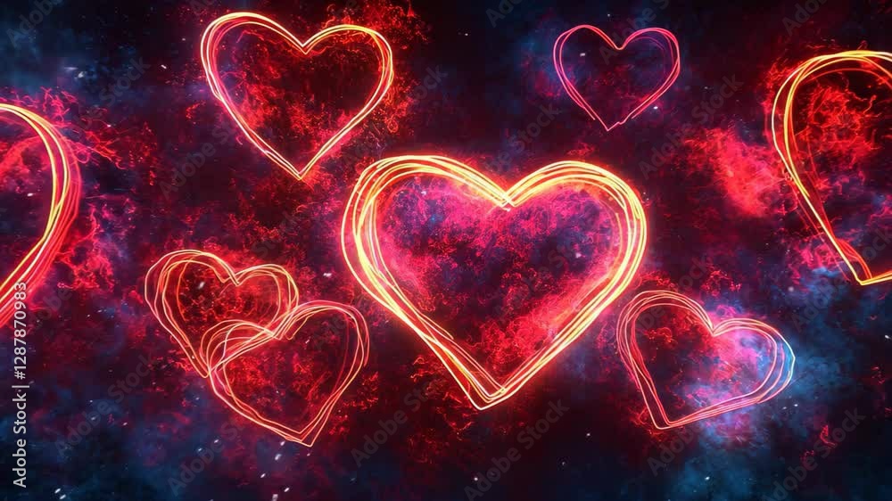 Glowing red, yellow hearts drifting through luminous nebula, surrounded by swirling blue, purple cosmic clouds in ethereal astronomical scene