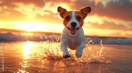 Dog is running on the beach with the sun setting in the background. The dog is happy and enjoying the moment