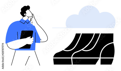 Person contemplating while holding tablet, analyzing three black bars representing performance metrics beneath a blue cloud. Ideal for data analysis, cloud computing, performance, forecasting