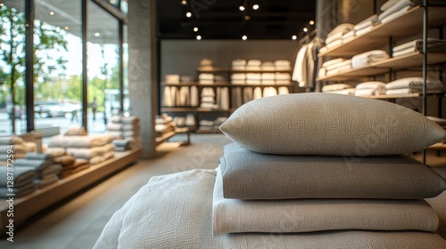 Cozy Home Textiles Display with Soft Pillows and Linen Fabrics