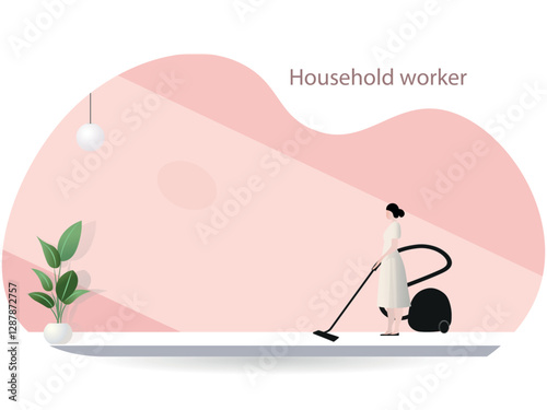 Representation of a household worker cleaning with a vacuum cleaner in a minimalist environment, highlighting domestic work and home cleaning.