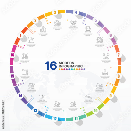 Modern circle infographic with 16 steps, process or options.